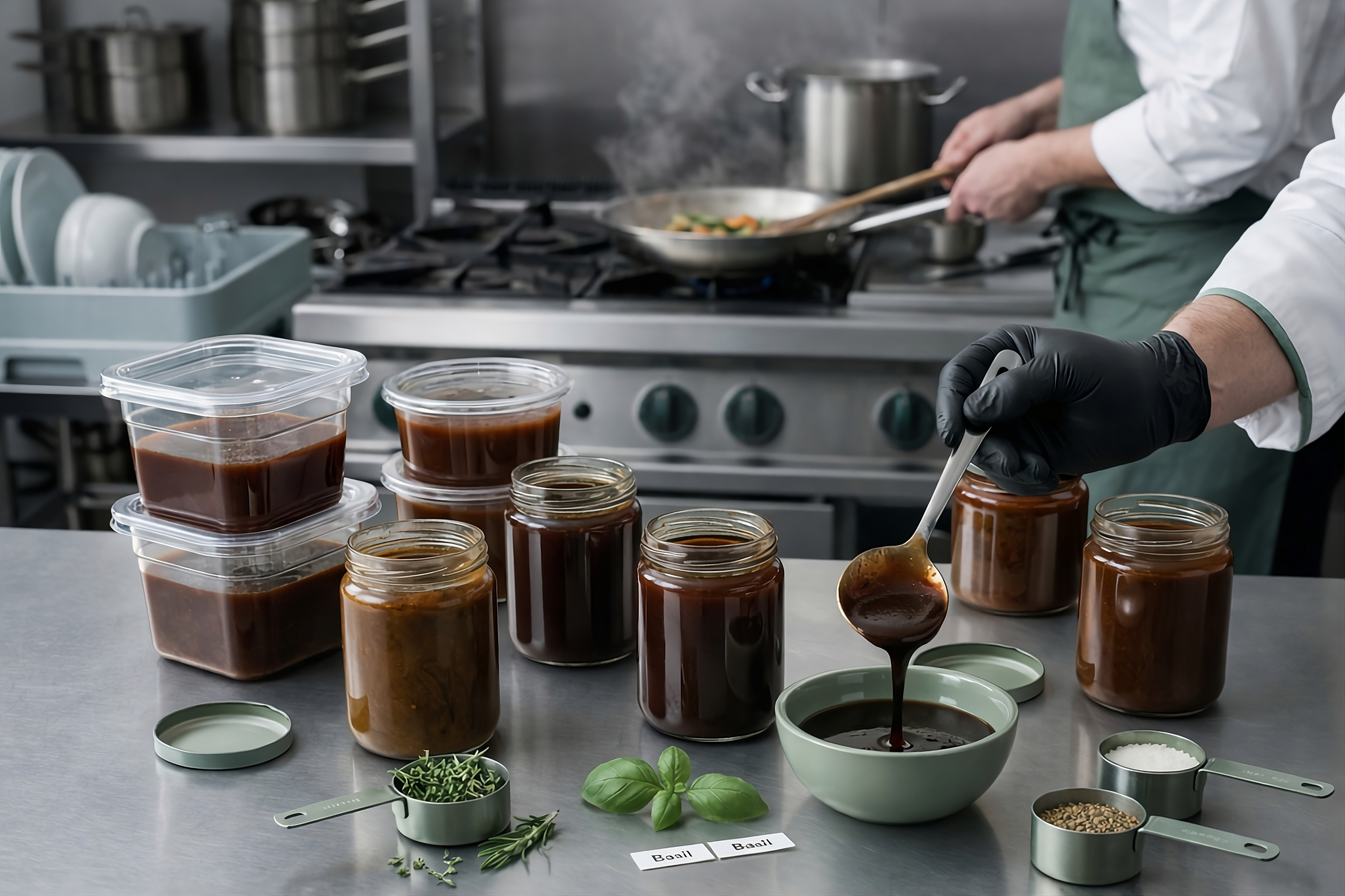 Chef preparing culinary bases in a kitchen