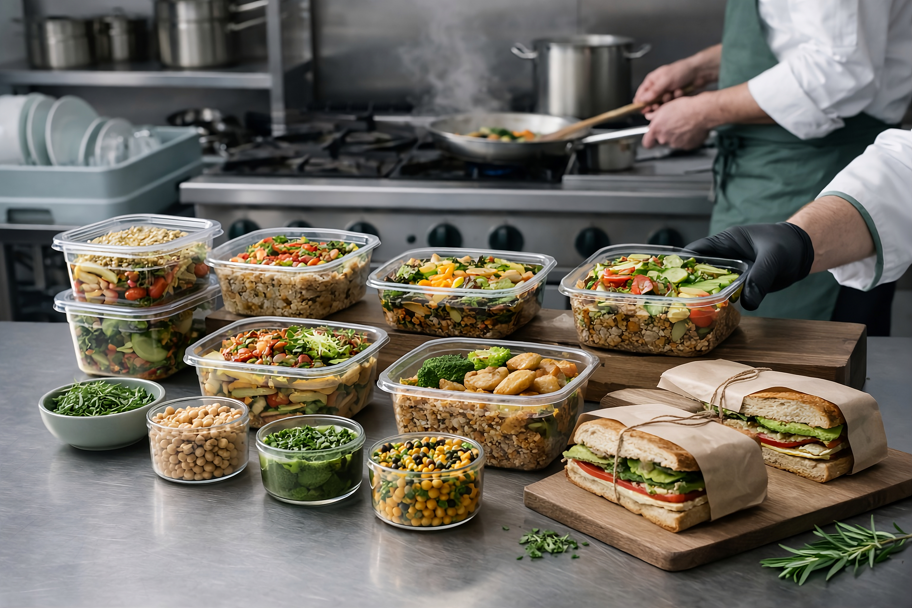 Ready-to-eat prepared foods in serving bowls